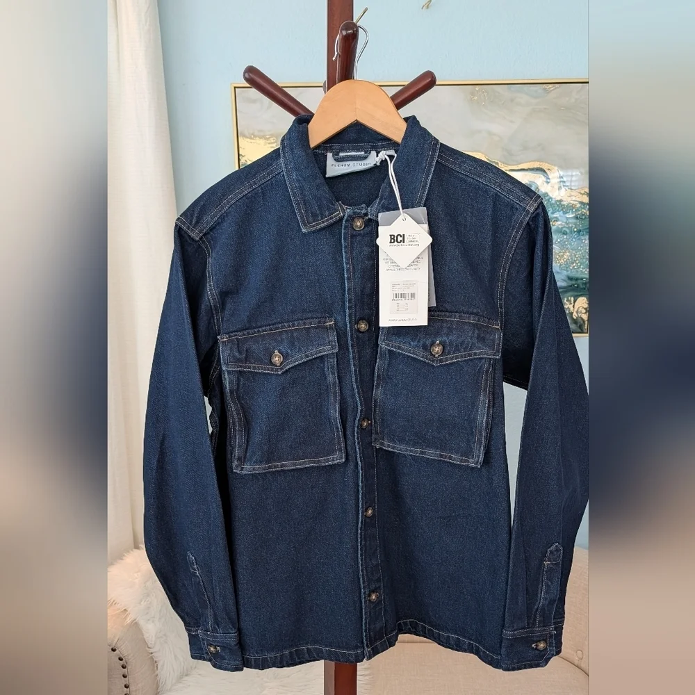 NWT Plenum Studio Men's Dark Blue Denim Large Pockets Jacket Size M
